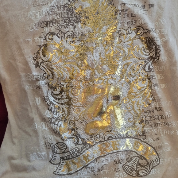 Venus - Womans Scoop Neck Tan blouse with Gold Embellished Design in front - Lg - Picture 7 of 8